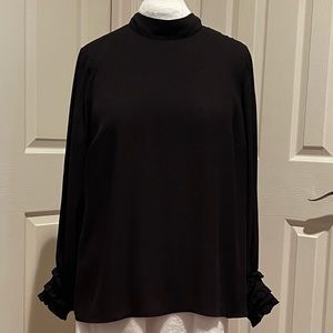 2X ModCloth Chiffon Black Turtleneck with Keyhole Back and Ruffled Cuff Sleeves